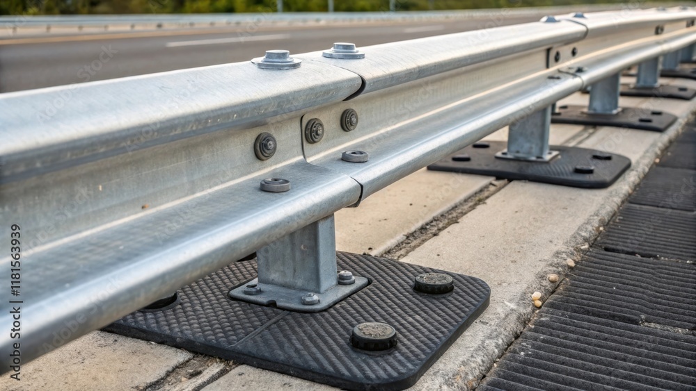 Aufkleber Closeup of the junction pivot where the guardrails connect with the pavement reveals meticulous engineering. Small rubber pads ensure grip and stability while tiny details like