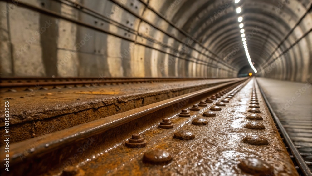 Poster Closeup of the textured surface of a subway tunnel segment reveals intricate patterns of rebar and concrete with moisture beads glistening along the edges. A faint rust stain