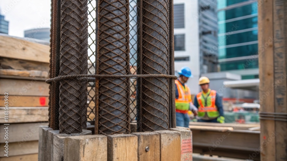 Poster closeup of the sy support columns of the scaffolding wrapped in protective mesh where construction w