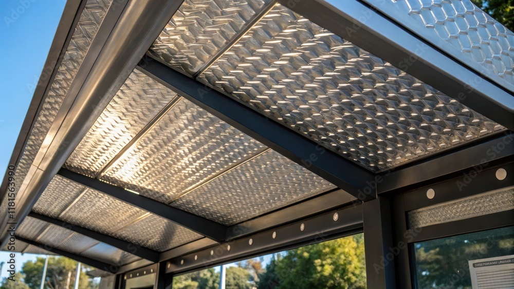 Aufkleber Closeup of the textured surface of a bus shelters roof with highcontrast patterns created by the interplay of sunlight and shadow. The metallic sheen catches the light while subtle
