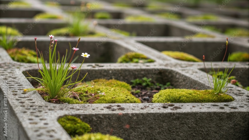 Aufkleber closeup of the textured surface of a concrete modular planter box featuring moss growing in the shal