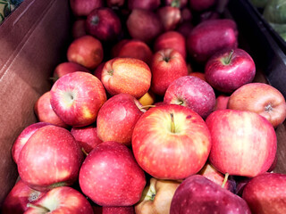 Freshly harvested red apples in a wooden crate at a local farmers market in autumn season