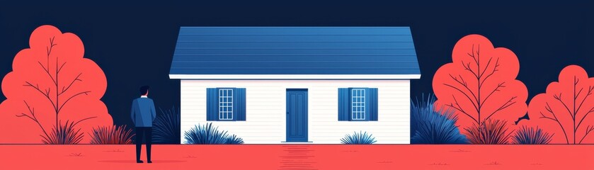 A stylized illustration of a person standing in front of a bright red house amidst vibrant trees, set against a dark background.