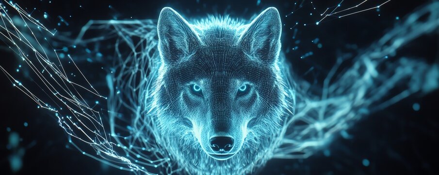 Mystical glowing wolf head art. Abstract digital painting of a wolf surrounded by energy.