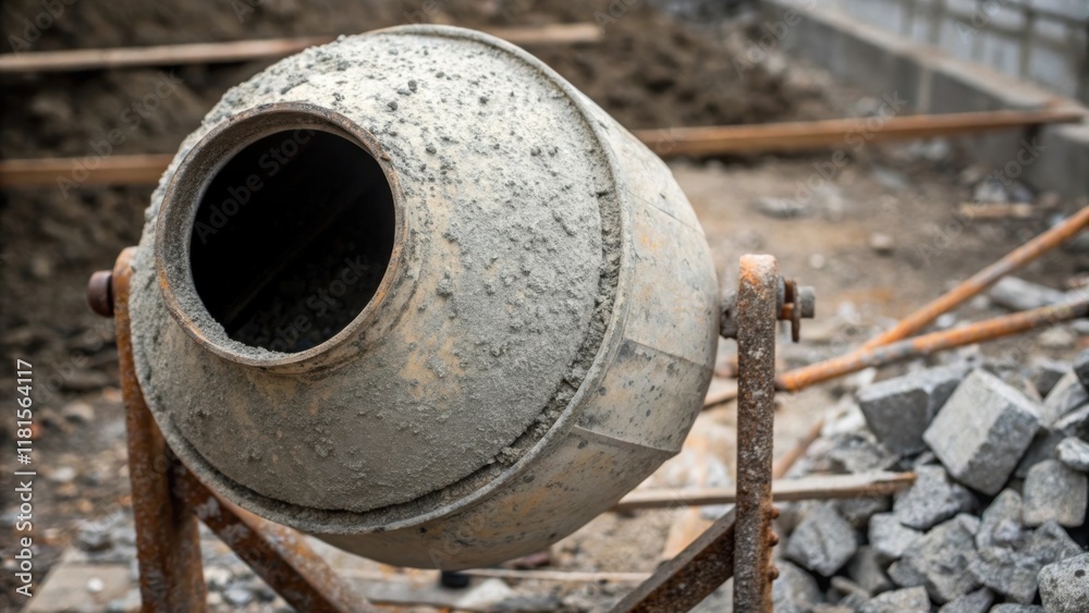 Poster closeup on a single concrete mixer its textured metal surface caked with dried mud and speckles of c