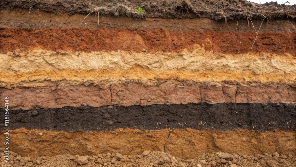 Aufkleber closeup on the mix of soil types found at the excavation site displaying the distinct hues of sandy 