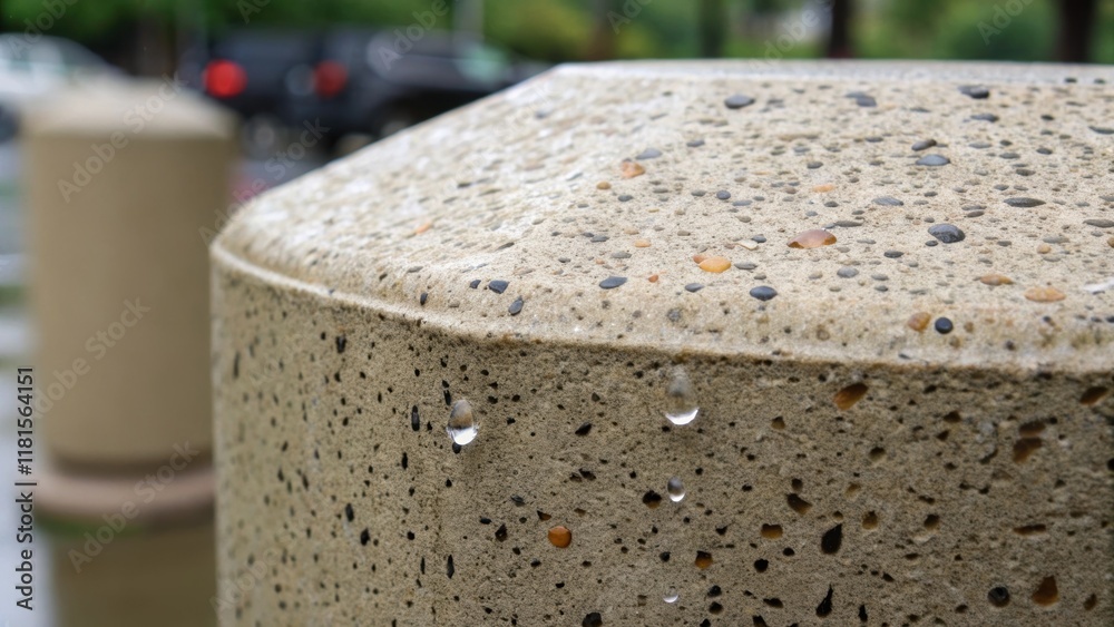 Poster close up on the textured surface of a precast concrete bollard revealing a myriad of tiny pores and 