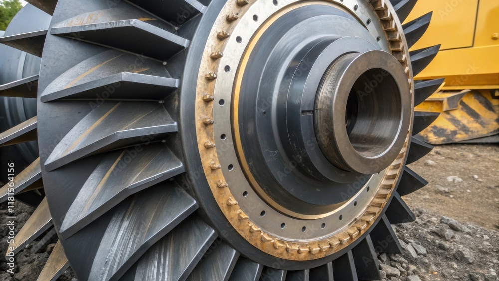Poster Closeup view of a massive rotating ter head with its sharp serrated edges designed for slicing through earth and rock surrounded by a protective casing that is slightly scuffed