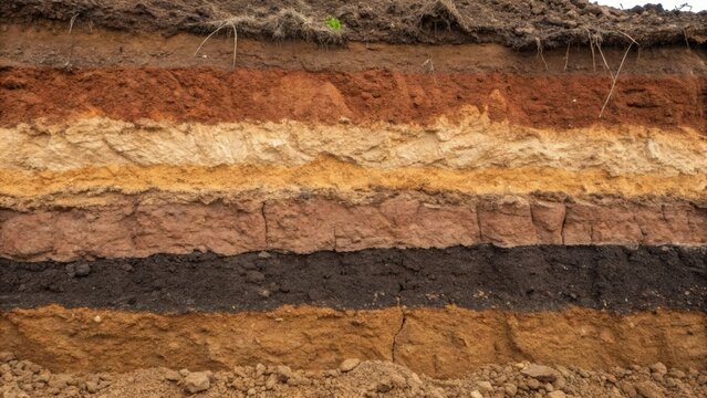 Closeup on the mix of soil types found at the excavation site displaying the distinct hues of sandy loam and dark fertile earth. The layered textures seem to tell a geological