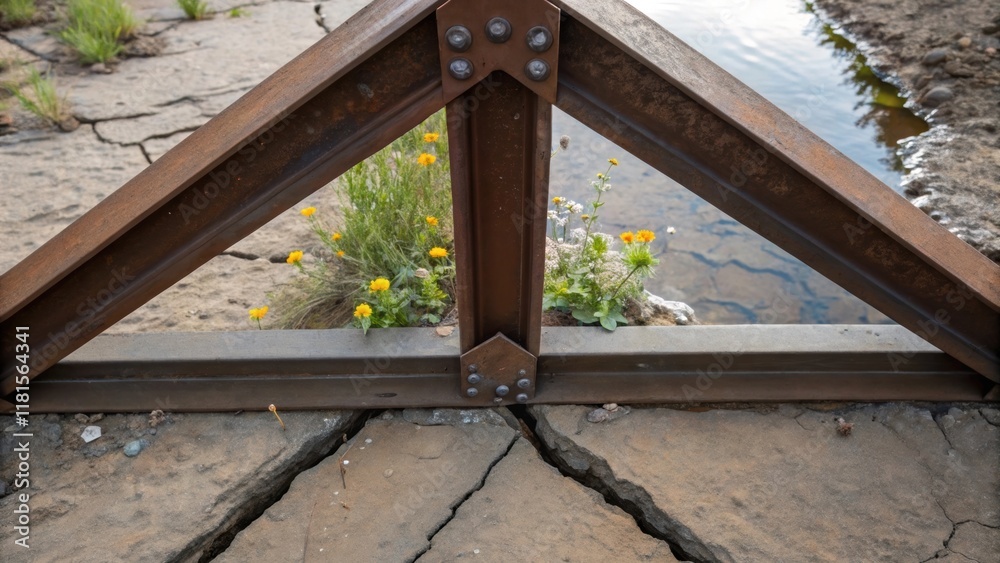 Leinwandbilder Detailed shot of a truss assembly tilted at an angle emphasizing the robust triangular geometry that provides structural integrity with snippets of wildflowers peeking through the