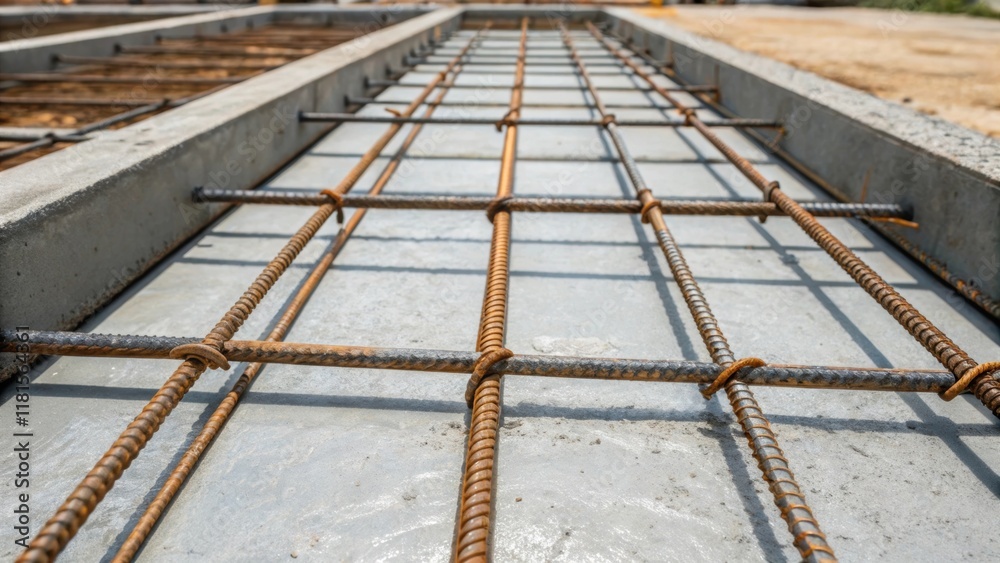 Aufkleber Detailed shot of the reinforcement rods embedded in a precast concrete slab with the reflective surface of the concrete contrasting against the raw metal. The image captures the