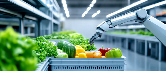A robotic arm arranges fresh vegetables on a shelf in a modern, automated grocery store, showcasing advanced technology in food handling.