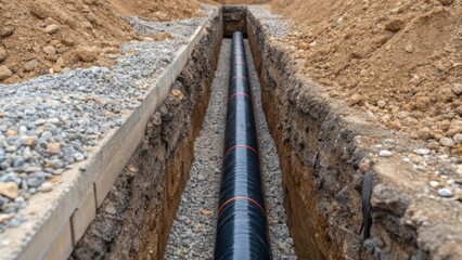 Detailed view of a section of a trench showcasing protective adhesive tape wrapped around the conduit sleeves ensuring waterproof integrity. The trench walls are steep and jagged