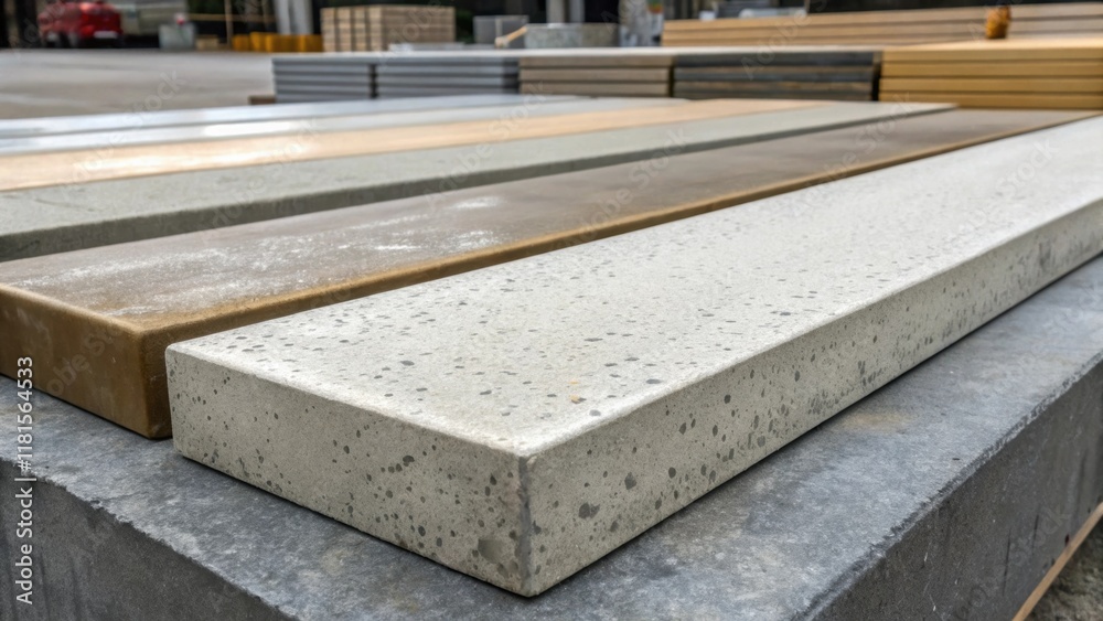 Poster Detailed view of the surface finish on a series of precast concrete slabs where some exhibit a polished sheen while others are left with a more textured industrial appearance. The