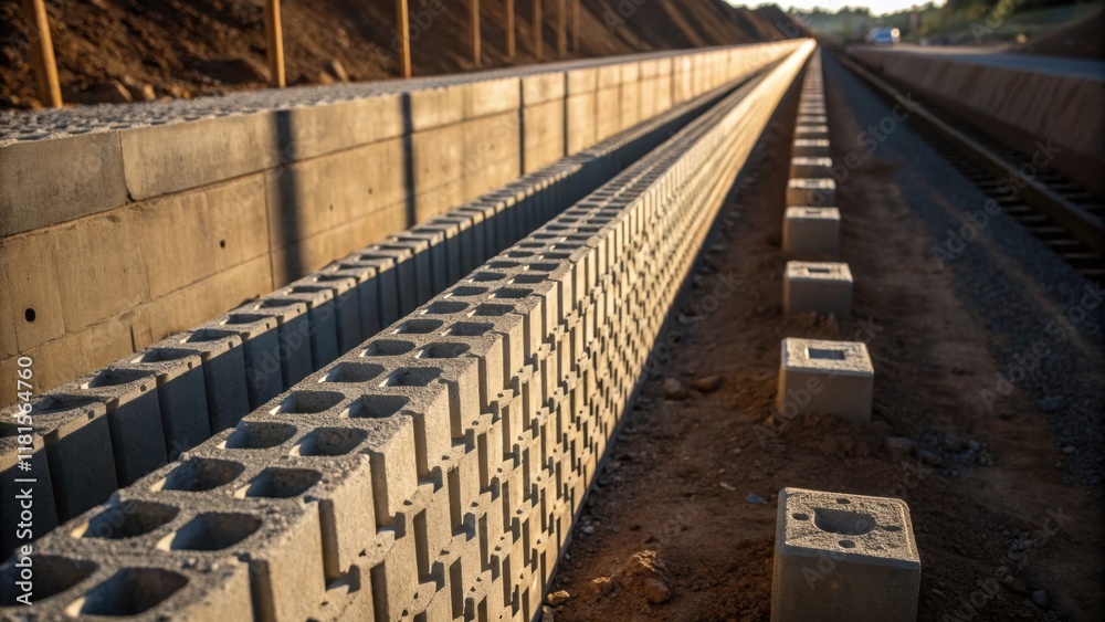 Poster Focused on the junction where two modular retaining wall sections meet showcasing the precise engineering of the connection. The light casts intricate shadows highlighting small