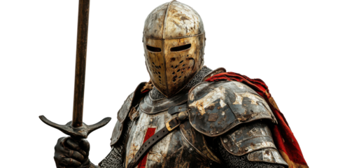 Knight in full armor holding a lance ready for battle in a historical reenactment setting. Isolated on transparent background, png.
