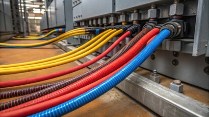 Focus on the network of thick power cables and hoses connected to the assembly their vibrant insulation colors contrasting against the grimy industrial backdrop while the intricate