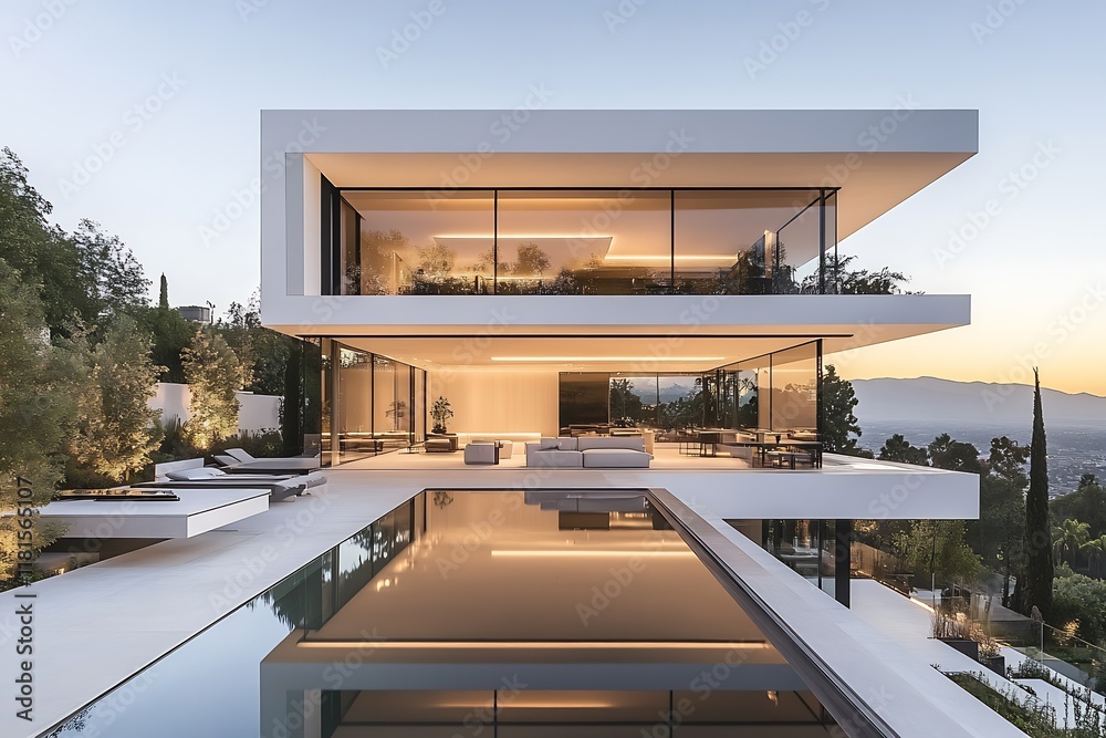 Poster Luxurious Modern Architectural House with Infinity Pool at Sunset View : Generative AI