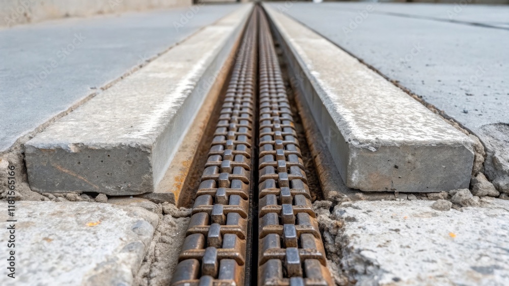 Poster Image focusing on a pair of aligned expansion joints each exhibiting a series of tightly interlocking metallic plates reflecting the wear of time with slight rusting set against