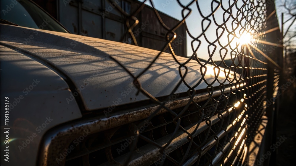 Poster In a dramatic composition the sunlight filters through the gaps between the coils of protective fencing casting intricate shadows on the trucks surface. This interplay of light and