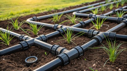 Naklejka premium In a controlled chaos of landscape design a of interconnected irrigation pipes emerges from a patch of rich dark soil each joint and connector meticulously arranged. Sprouts of