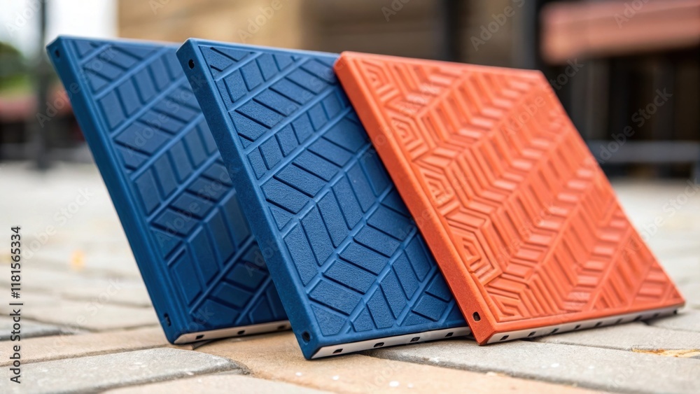 Aufkleber In this closeup shot the overlapping edges of colorful modular panels create a dynamic visual rhythm. Each panel boasts a different hue ranging from deep blue to vibrant orange