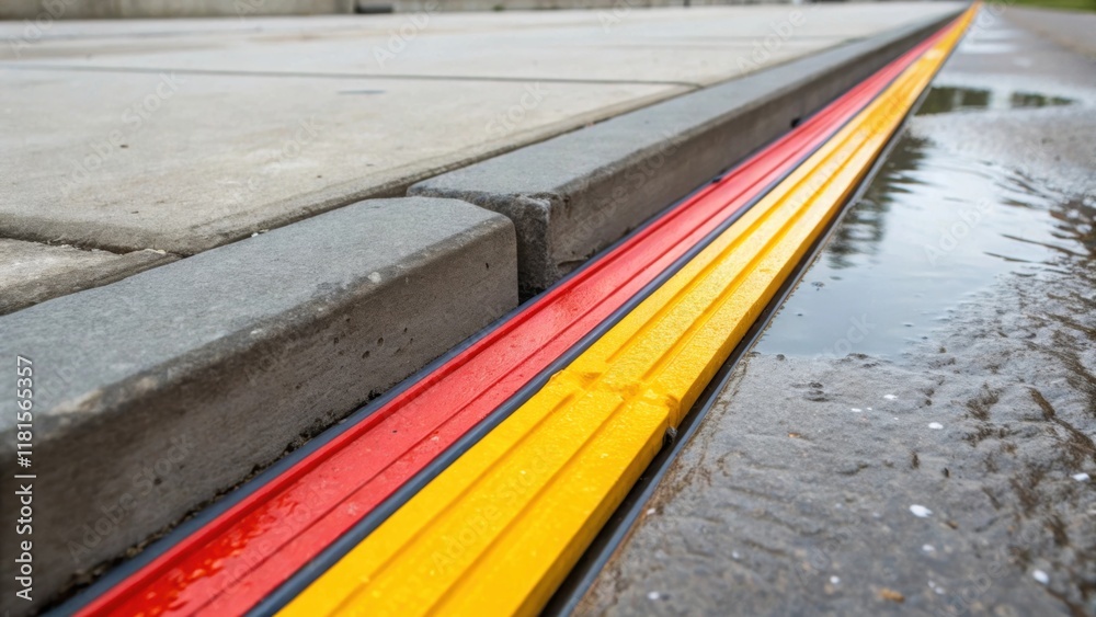 Poster in this closeup the bright colors of the expansion joint contrast sharply with the drab gray of the 