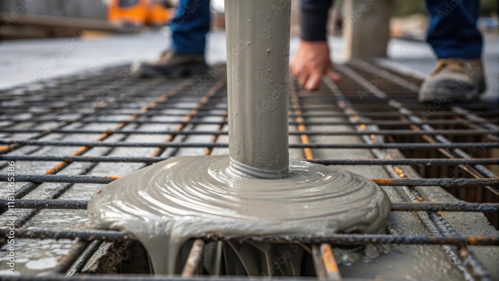 Poster in this closeup view liquids from the freshly poured concrete cascade over the rebar grid as a worke