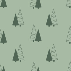 Coniferous Trees Seamless Pattern. Minimal Forest background in doodle style. Repeat vector illustration with evergreen Fir or Spruce. Green color