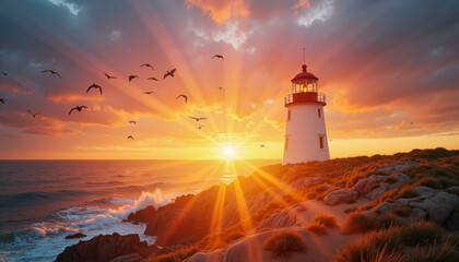 Sunrise behind lighthouse Copy space  Lighthouse at sunrise with birds and glowing sun rays