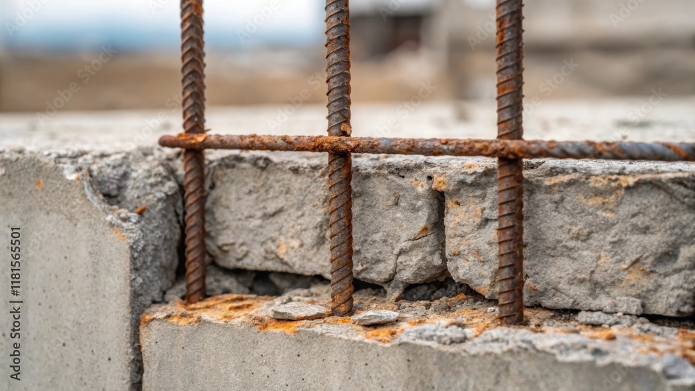 Poster Macro view of a barrier where rusted metal reinforcement bars protrude from the concrete highlighting the structural integrity hidden within. The contrast between the rough