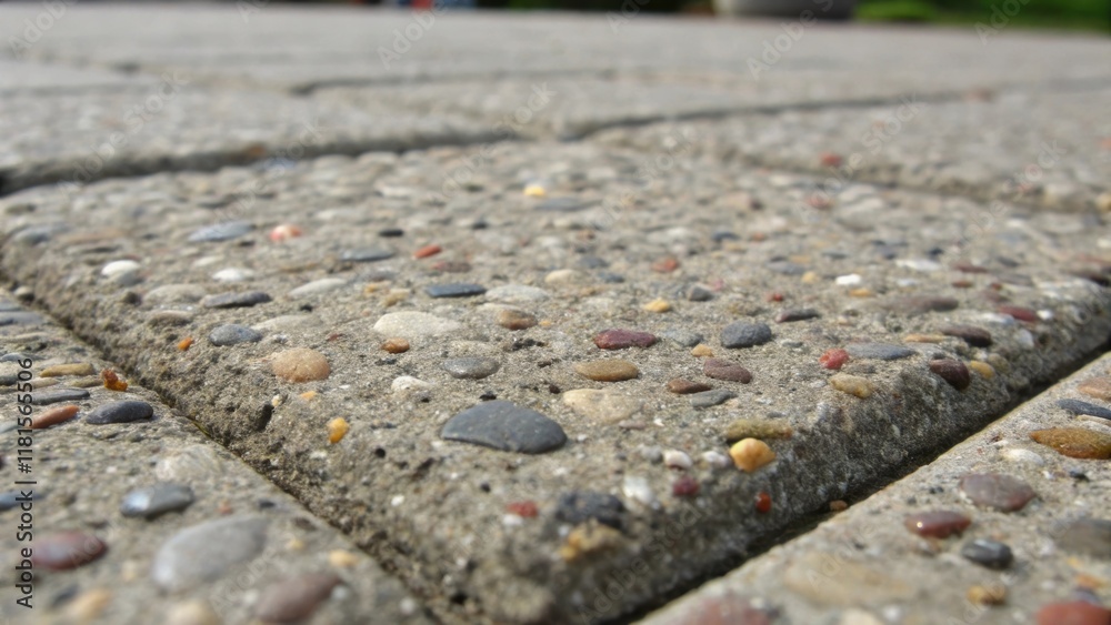 Aufkleber Macro shot of the surface of a single concrete paver showcasing the fine aggregate and small stones embedded within the material. The varied textures and colors create an intricate