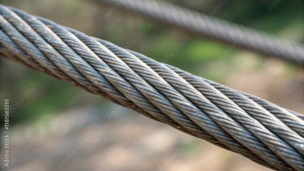 Poster Macro perspective of a single steel cable focusing on the threadlike strands that compose the strong core. The details reveal tiny ridges and grooves capturing the craftsmanship