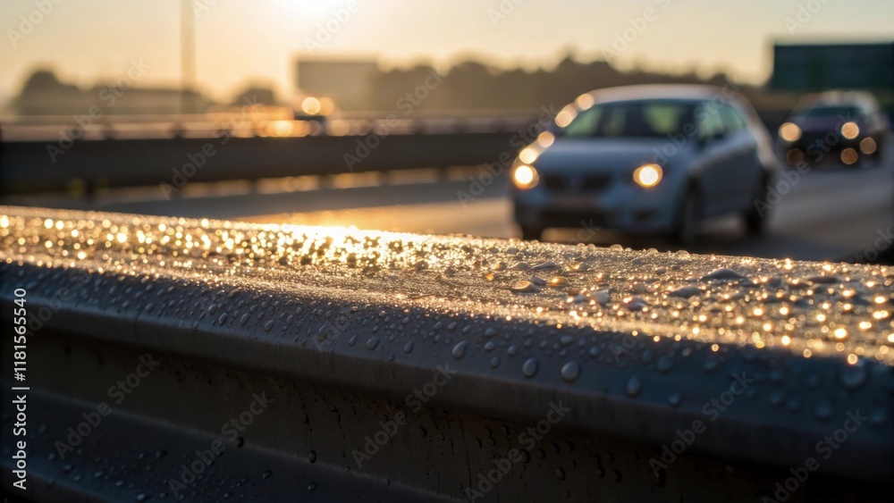 Poster morning sunlight illuminates the barriers surface where a few drops of dew shimmer like diamonds. in