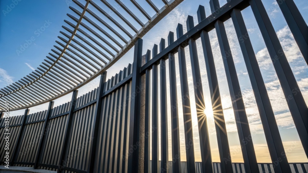 Aufkleber Multiple modular fencing panels arranged in a semicircle with sunlight filtering through the gaps. The interplay of light and shadow creates an intricate pattern emphasizing the