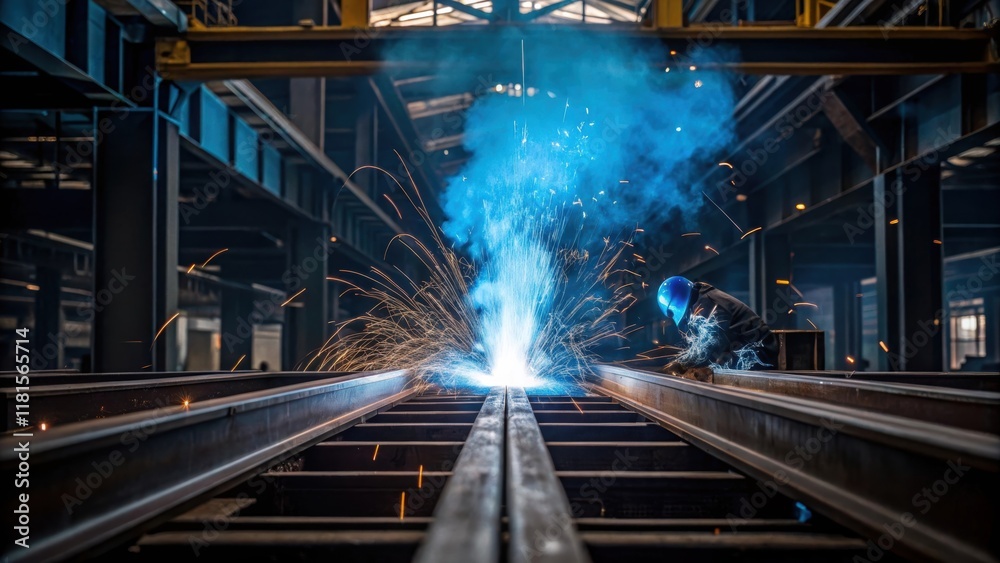 Poster steam rises from a welding tool as blue sparks fly emphasizing the intense activity surrounding a co