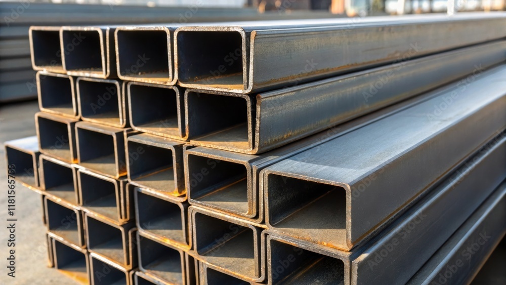 Poster steel girders stacked neatly showcasing a uniformity in their dimensions. the polished surfaces refl