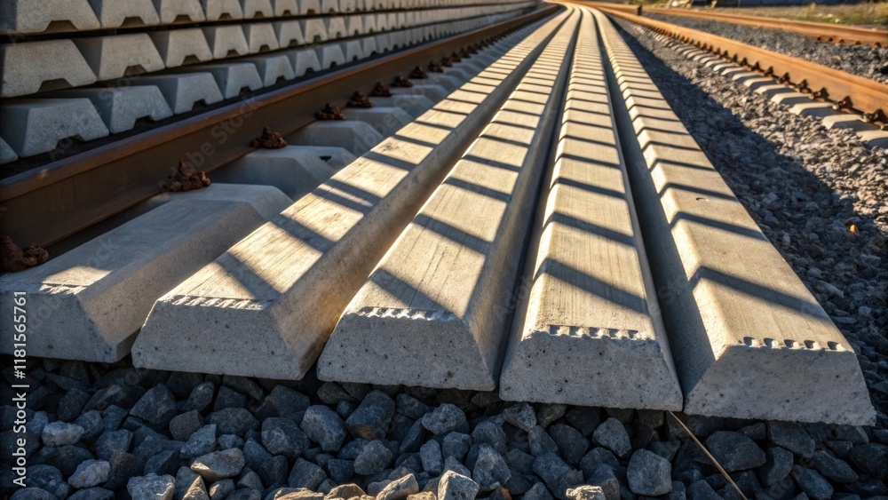 Aufkleber Sunlight casts sharp shadows across a compact arrangement of stacked precast rail ties highlighting the rough edges and seam lines while a few tered gravel stones rest beside them