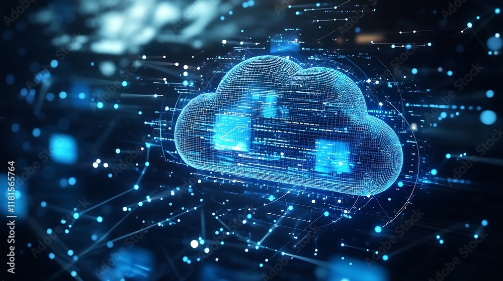 Aufkleber Futuristic Digital Cloud Technology in Data Network with Holographic Effects : Generative AI
