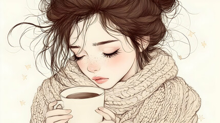 Woman Sipping Coffee Cozy Autumn Day, Warm Drink, Relaxation, Illustration