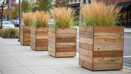 Tall planter boxes made of reclaimed wood stand proudly by the sidewalk each filled with ornamental grasses that sway gracefully in the wind. The natural variations in the wood