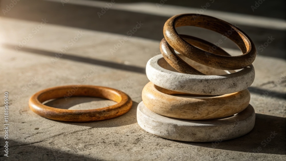 Poster The artistic shot highlights the play of light and shadow across the stacked rings creating a visually compelling composition. The rough unfinished surfaces of the rings juxtapose