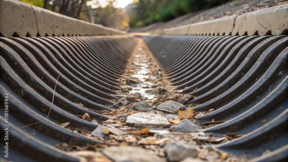 Poster The closeup captures the patterned ridges along the sides of the drainage culverts emphasizing their durability. Bits of debris lie tered around hinting at the natural elements