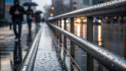The backdrop of a rainy day offers a dramatic closeup of pedestrian guardrails glistening with water droplets. The soft reflections create an ethereal effect while the blurred
