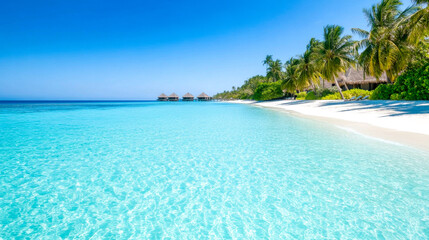 Naklejka premium A serene beach scene with clear turquoise water, white sand, and lush palm trees under a bright blue sky.