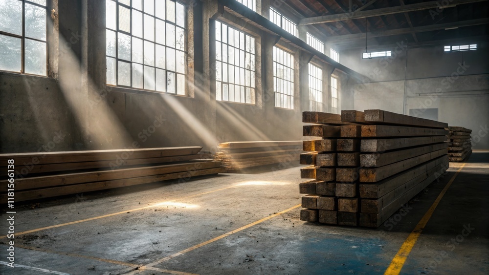 Aufkleber The composition features beams stacked in a warehouse setting with dust particles dancing in the beams of light that stream through dirty windows. The concrete is marked with faint