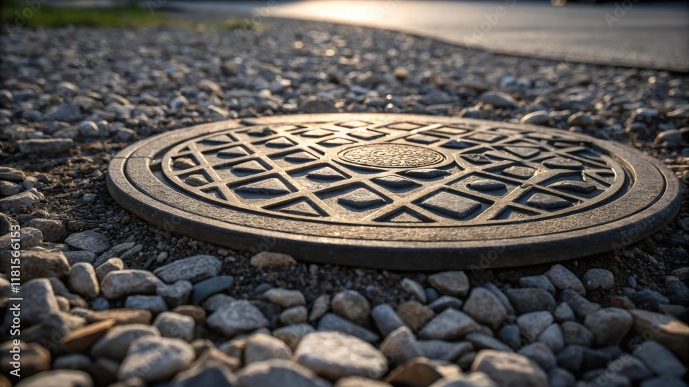 Poster the contrasting textures of a manhole cover and the surrounding loose gravel create a visually strik