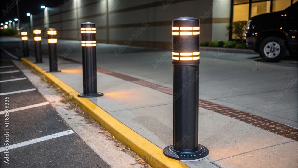 Poster The focus is on a heavyduty bollard with integrated light fixtures highlighting its dual purpose of providing safety and illumination at night. A set of similarly designed bollards
