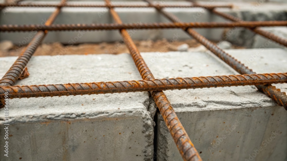 Aufkleber The focus is on the intricate rebar framework visible through a section of exposed concrete. The rusted metal intertwines with the smooth gray surface capturing the blend of