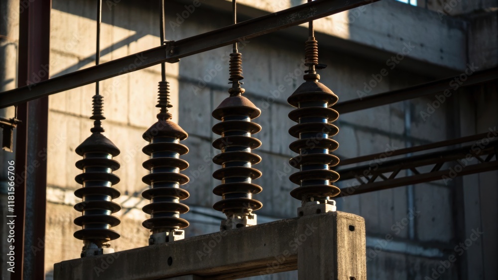 Aufkleber The image focuses on a halffinished vertical frame where multiple insulators dangle precariously awaiting their connections. The interplay of light and shadow creates a dramatic